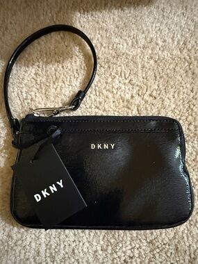 NWT DKNY Black Patent Wristlet with Strap and silver hardware
